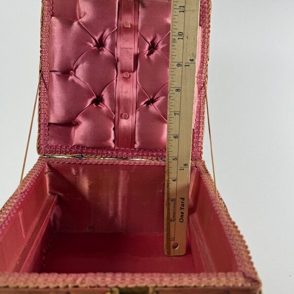 Woven Vintage Sewing Basket Pink Satin Lined Box w/ Wooden Dividers - Picture 11 of 11